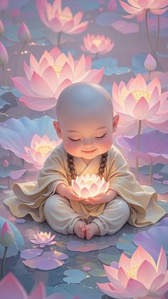 a baby is sitting in the middle of water lilies and holding a lit candle