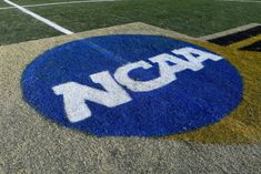 a close up of the logo on an asphalt basketball court with grass in the foreground