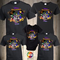 three black onesuits with mickey mouse and friends on them, all printed in different colors