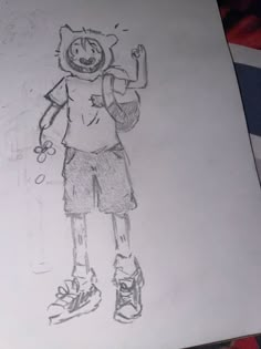 a drawing of a person with a cat on his head holding a tennis racket