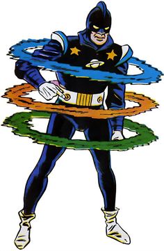 an image of a man in black and blue costume with stars on his chest, holding two