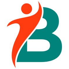 an orange and green logo with the letter b in it's center, as well as a person holding a ball