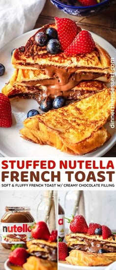 a plate with french toast and strawberries on it, topped with nutella sauce