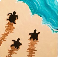 an acrylic painting of two sea turtles swimming in the ocean on a beach