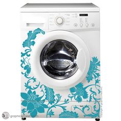 the front view of a washing machine with its door open and floral design on it