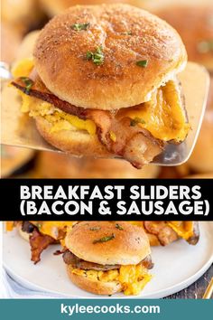 breakfast sliders bacon and sausage on a plate with text overlay that reads, breakfast sliders bacon and sausage