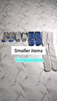 there are five pairs of socks hanging on the clothes line with words smaller items compilation