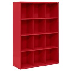 a red bookcase with six shelves on each side and one section open to reveal the contents