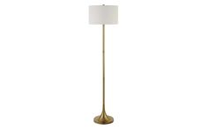 a gold floor lamp with a white shade