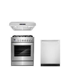 an oven, dishwasher and stove are shown in black and white photo against a white background