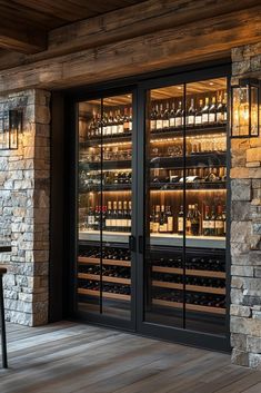 the wine cellar is stocked with many bottles