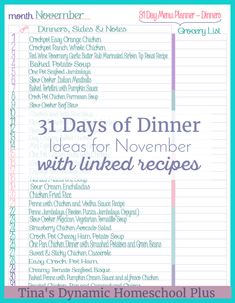 the 31 days of dinner ideas for november with linked recipes