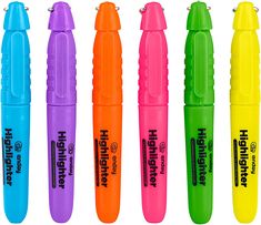 four different colored highlighters are lined up in a row and one is empty, the other has an eraser