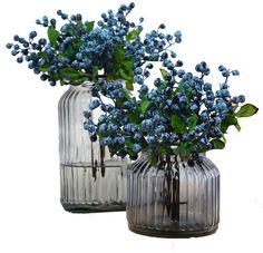 two glass vases with blue flowers in them