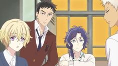 an anime scene with three men and one woman standing in front of a window, looking at each other