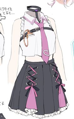 a drawing of a woman wearing a skirt and shirt with pink ribbon around the waist