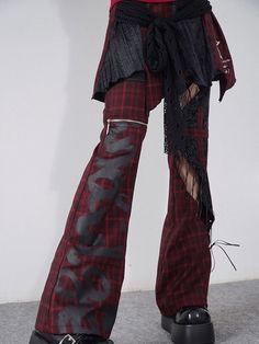 Strappy Hollow Plaid Leather Stitch Pants – ARCANA ARCHIVE Stitch Pants, Arcana Archive, Plaid And Leather, Plaid, Pants, Red, Leather, How To Wear, Clothes