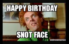 a man with red hair is looking up at the camera and says happy birthday shot face