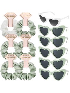 several pairs of heart shaped sunglasses with scrunffles on the sides and one pair of