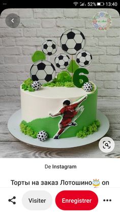 the cake is decorated with soccer balls on top and green grass around it, as well as an instagram