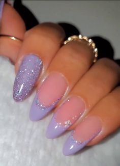 Purple Nail Tip Designs, Speak Now Nail Ideas, Euphoria Themed Nails, Sparkly Nail Designs Glitter, Prom Nails For Purple Dress, Bday Nail Ideas, Nails For Sweet 16, Nails For 15 Birthday, Purple And Silver Nails Acrylic