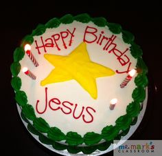 a birthday cake with candles on it that says happy birthday jesus and a yellow star