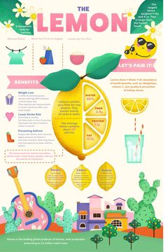 a poster with lemons and other things to eat on the outside, including fruit