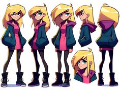 some cartoon character poses with their hair in different positions and clothes to match the outfit