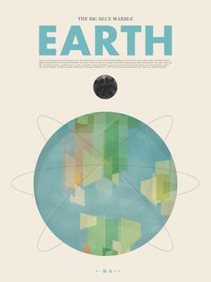 the poster for earth is shown in blue, green and yellow colors on a white background