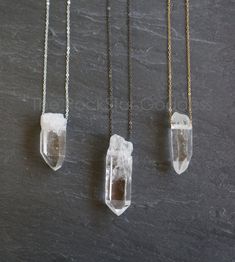 "Raw Quartz crystal on a custom length chain and your choice of: gunmetal, gold filled or sterling silver chain. These are large chunky Raw Quartz crystals and with natural imperfections. The ruler to the left and quarter coin on the right gives you an idea of the size. Quartz is the most abundant mineral in the world and is known as the master healing crystal amplifying stability and healing. Quartz also provides clarity and positivity. Each crystal is made by mother nature and will have natura Raw Quartz Necklace, Meaningful Necklace, Dream Catcher Necklace, Dainty Diamond Necklace, Raw Quartz Crystal, Raw Crystal Jewelry, Aqua Aura, Raw Crystal Necklace, Raw Quartz