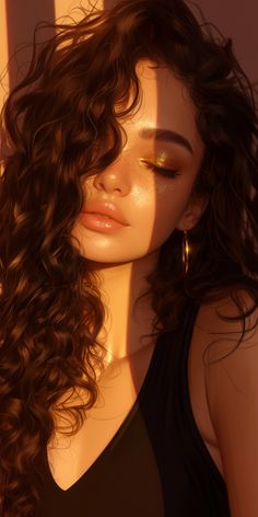 a digital painting of a woman with long curly hair and gold eyeshadow, wearing a black tank top