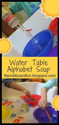 a child is playing with letters and water in the bathtub while another child plays with toys