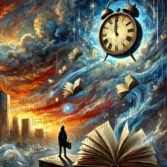 an open book sitting on top of a table next to a clock and books flying in the air