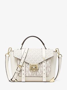 The Manhattan satchel lends modern appeal to the classic trunk bag style. Skillfully crafted from smooth leather with a scaled-up take on our signature print its defined by metal corners and distinctive stud hardware. A flip-lock closure opens to reveal an exterior front slip pocket that provides easy access to your phone. White Satchel With Metal Hardware For Travel, Designer Michael Kors Satchel With Handles, Chic Leather Satchel With Logo Hardware, Luxury Michael Kors Satchel With Top Carry Handle, Michael Kors Satchel With Metal Hardware And Double Handle, White Leather Satchel With Metal Hardware, Michael Kors Satchel With Gold-tone Hardware For Shopping, Finding Style, Michael Kors Satchel With Gold-tone Hardware