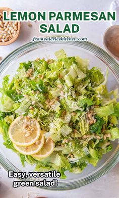 lemon parmesan salad in a glass bowl on a white table with text overlay