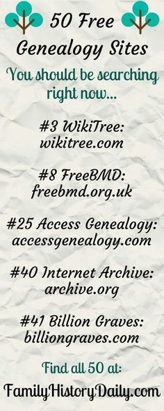 a poster with the words 50 free genealogy sites you should be searching for right now