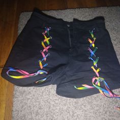 Super Cute Rainbow Lace Up Shorts Black Base Never Worn Lace Up Shorts, Rainbow Laces, Cute Rainbow, Rainbow Pattern, Shorts Black, Overall Shorts, Dream Wardrobe, Pretty Dresses, Pink Black