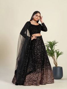 FABRIC DETAILS :- LEHENGA : Fabric : Velvet Lehenga with heavy sequence work Flair : 3.25 meter *Can can attach* Max Up to 42(XL)(Semi Stitched) BLOUSE : Fabric : Velvet blouse with sequence work all over front & back Max up to 42(XL) (UN stitched) DUPATTA :  Fabric :  Net Duppata with sequence border work Length : 2.10 meter Weight : 1.600 kg Care Introduction : Hand Wash & Dry And Clean Black Sequin Lehenga, Black Lehenga Choli, Indian Wedding Lehenga, Velvet Lehenga, Black Lehenga, Indian Lehenga Choli, Reception Lehenga, Floral Lehenga, Blouse Details