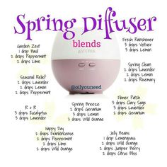 Spring oils Spring Diffuser Blends, Doterra Diffuser Blends, Doterra Essential Oils Recipes, Essential Oil Diffuser Blends Recipes, Essential Oil Diffuser Recipes, Essential Oil Mixes, Essential Oil Blends Recipes