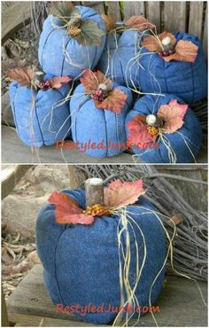 two pictures of pumpkins with fake leaves on them, one is blue and the other is red