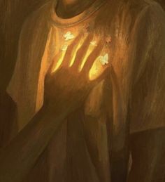 a painting of a person holding their hands up to the light coming from behind them