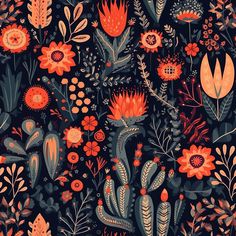 an illustration of flowers and plants on a black background with oranges, browns and reds