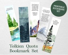 four watercolor bookmarks with trees and mountains in the background, one is green