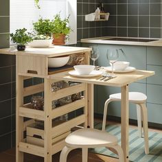 a small kitchen table with two chairs and a potted plant in the corner next to it