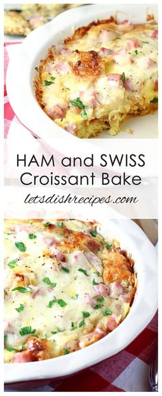 ham and swiss croissant bake in a white casserole dish on a red checkered tablecloth