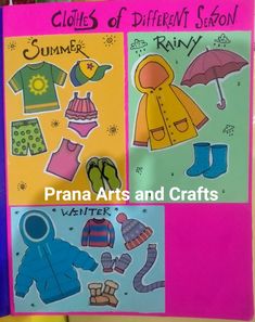 an open book with pictures of children's clothing on it and the title, clutters of different season prana arts and crafts