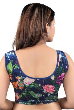 Sleeveless Saree Blouse, Sleeveless Saree, Stretchable Blouse, Sleeveless Blouse Saree, Ethnic Clothes, Floral Sleeves, Saree Blouses Online, Navy Blue Velvet, Navy Blue Blouse