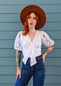 70s inspired white lace smocked tie front top with puff sleeves by Band of the Free Dreamy Whites, 70s Vibes, Cut Offs, Smocked Top, Skirt Jumpsuit, All Black Everything, Stevie Nicks, 70s Inspired, Girl Bands