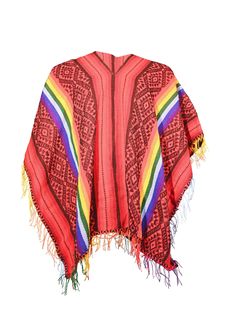 Our traditional woven red and black poncho with rainbow stripes is as stylish as it is practical at keeping the chill off. Pattern and fringe may vary slightly. Woven in the Sacred Valley of the Incas, Peru. Red Folk Style Poncho For Festival, Red Folk Style Poncho For Fall, Folk Style Red Poncho For Winter, Traditional Red Poncho For Fall, Traditional Red One-size Poncho, Traditional Red Fall Poncho, Traditional Red Shawl Poncho, Traditional Red Poncho For Festivals, Red Shawl Poncho For Festival