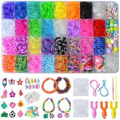 many different types of bracelets and hair accessories in plastic storage boxes with scissors, beads, clips, hooks, and more